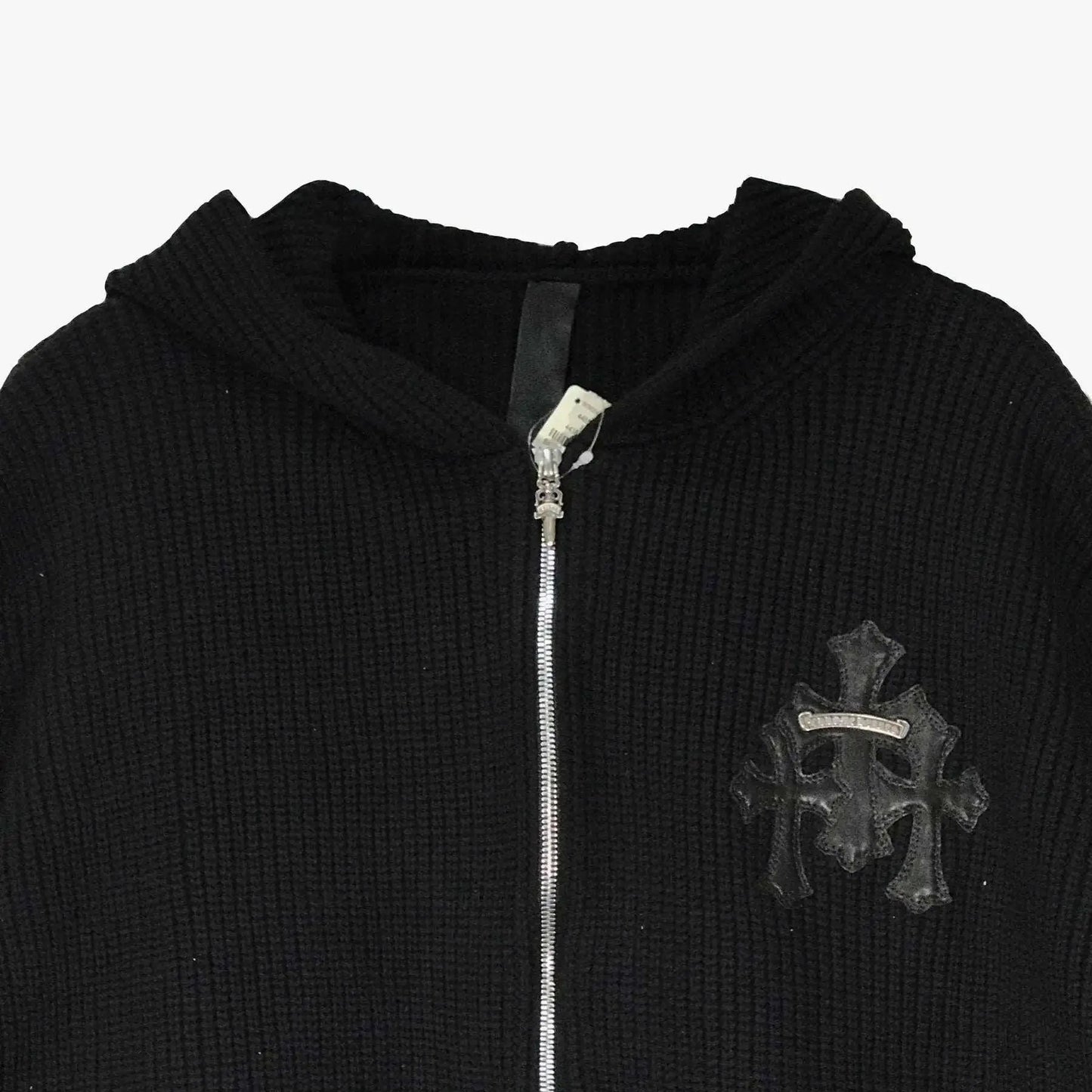Chrome Hearts Black Cashmere Leather Cross Zip Up Hoodie Sweater - SHENGLI ROAD MARKET