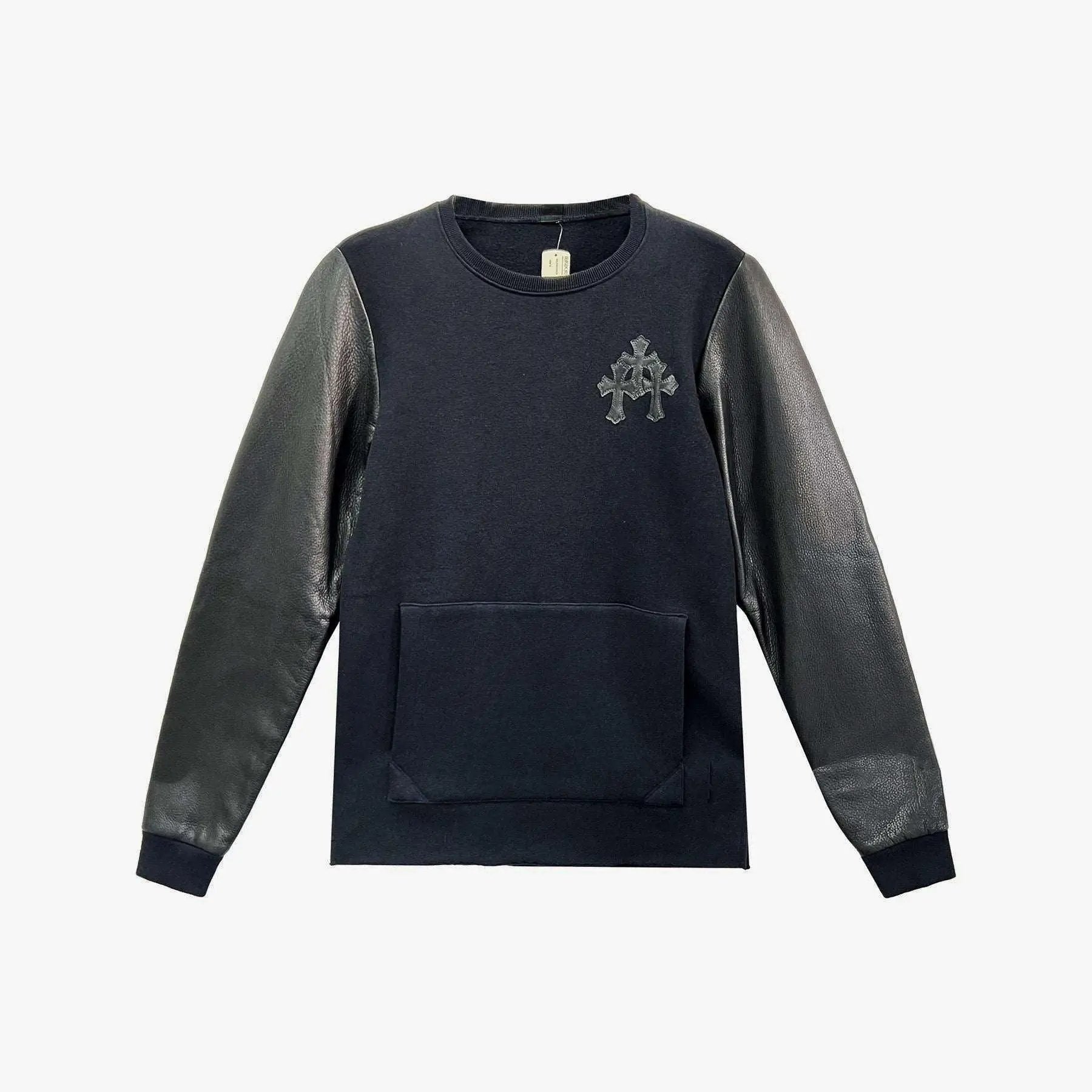 Chrome Hearts Black Leather Cross & Leather Sleeve Sweatshirt - SHENGLI ROAD MARKET