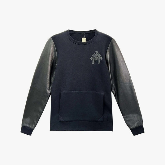 Chrome Hearts Black Leather Cross & Leather Sleeve Sweatshirt - SHENGLI ROAD MARKET