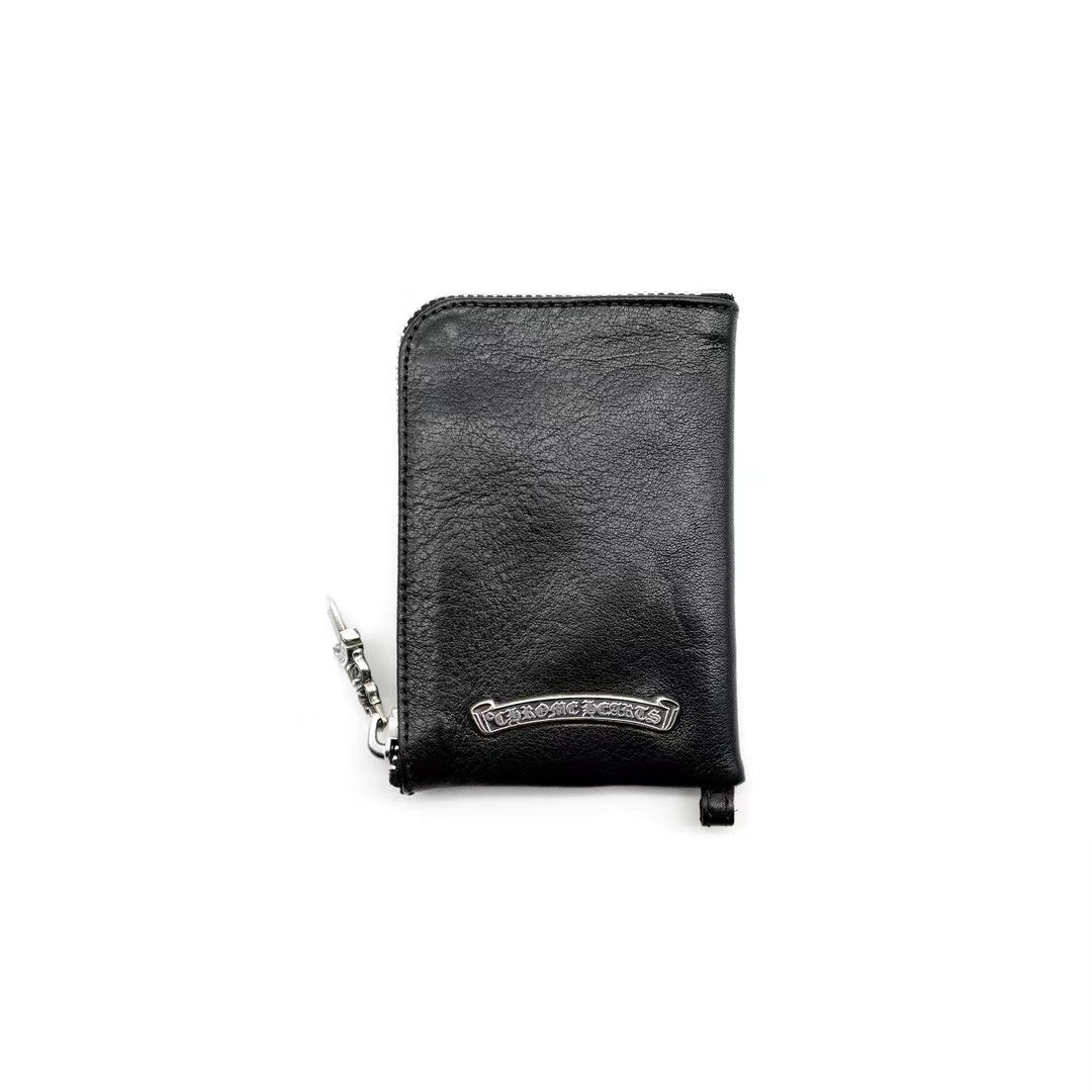 Chrome Hearts Black Leather Cross Patch Silver Scroll Wallet
