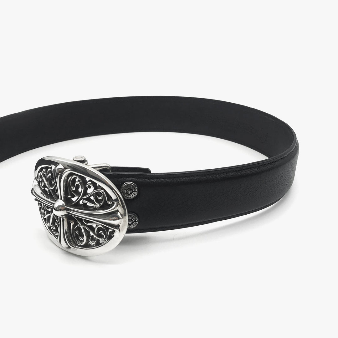 Chrome Hearts Black Ornate Belt with Silver Buckle - SHENGLI ROAD MARKET