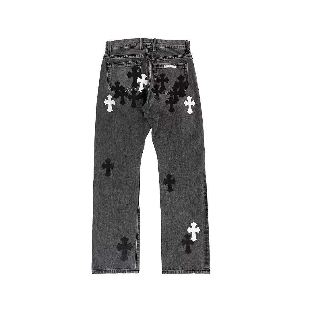 Chrome Hearts Black & White Flame Cross Leather Patch Jeans