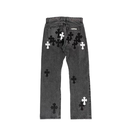 Chrome Hearts Black & White Flame Cross Leather Patch Jeans - SHENGLI ROAD MARKET