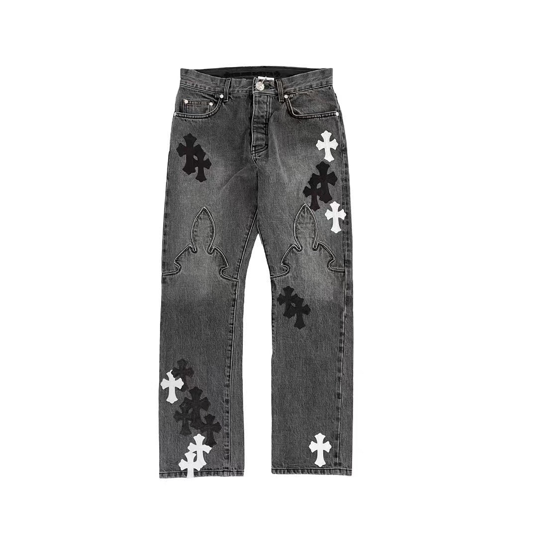 Chrome Hearts Black & White Flame Cross Leather Patch Jeans - SHENGLI ROAD MARKET