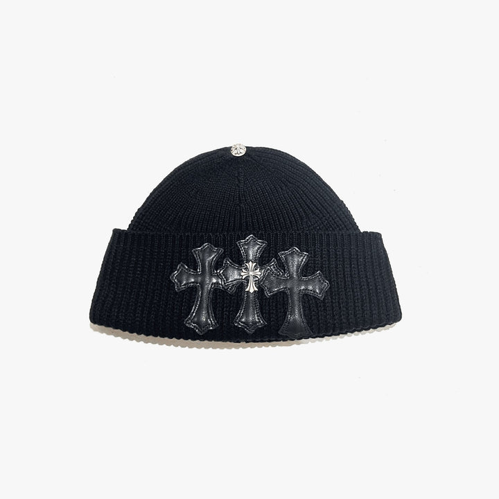 Chrome Hearts Cashmere Black Triple Leather Cross With Silver Logo Cross Beanie - SHENGLI ROAD MARKET