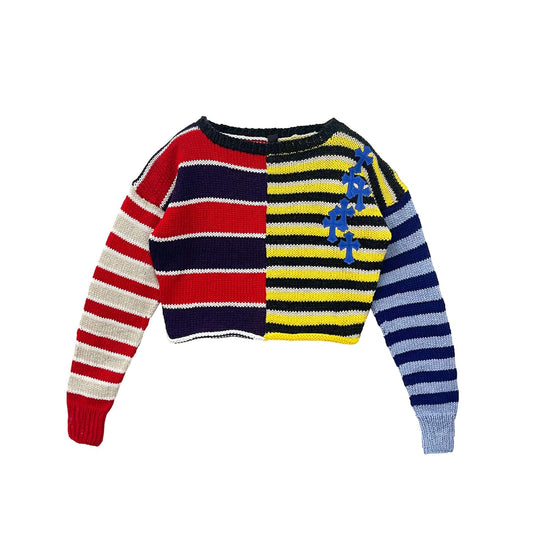 Chrome Hearts Cashmere Striped Patchwork Blue Cross Leather Short Sweater - SHENGLI ROAD MARKET