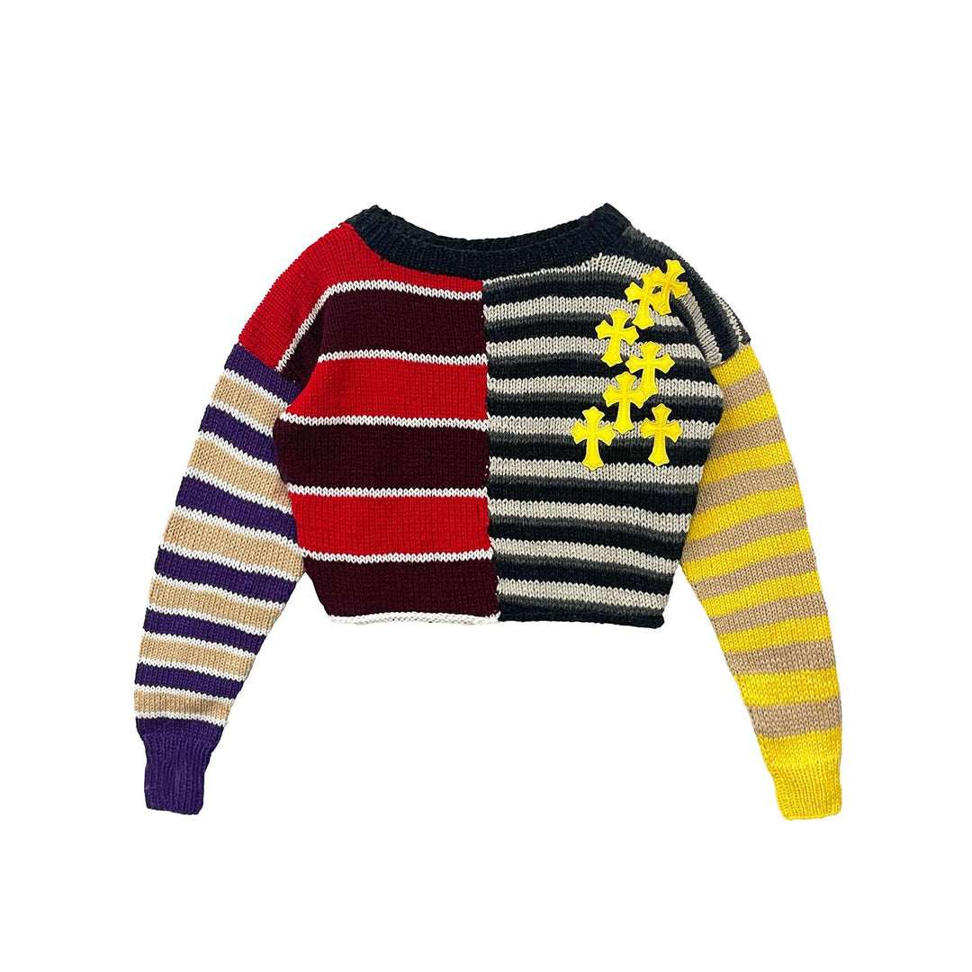 Chrome Hearts Cashmere Striped Patchwork Yellow Cross Leather Short Sweater - SHENGLI ROAD MARKET