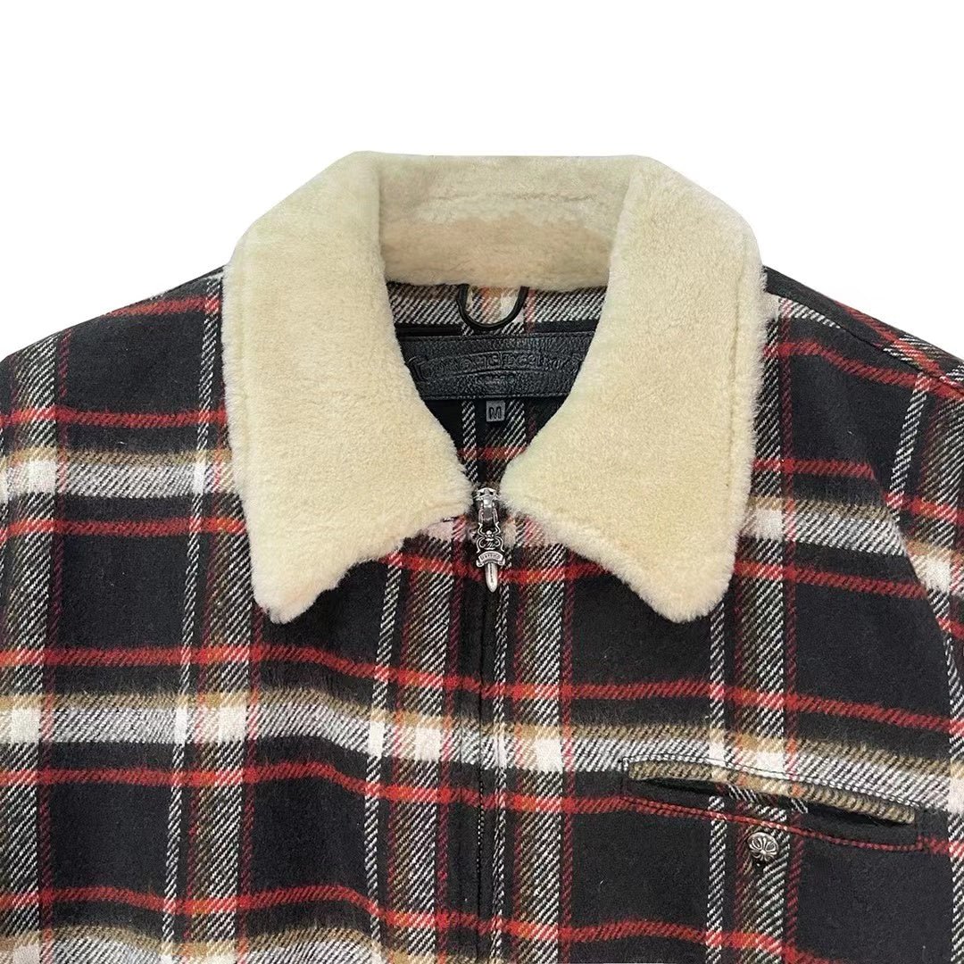 Chrome Hearts Flannel Fur Collar Zip Up Jacket - SHENGLI ROAD MARKET