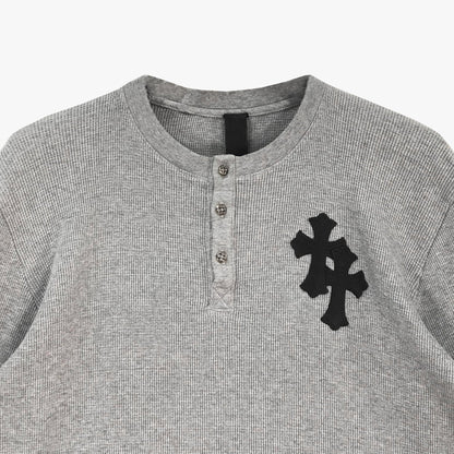 Chrome Hearts Gray Thermal Silver Buttons with Leather Cross Patch Long Sleeve Tshirt - SHENGLI ROAD MARKET