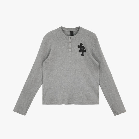 Chrome Hearts Gray Thermal Silver Buttons with Leather Cross Patch Long Sleeve Tshirt - SHENGLI ROAD MARKET