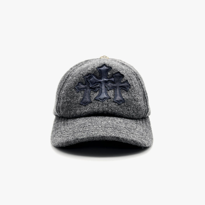 Chrome Hearts Gray Wool Baseball Cap with Leather Cross and Silver Button - SHENGLI ROAD MARKET