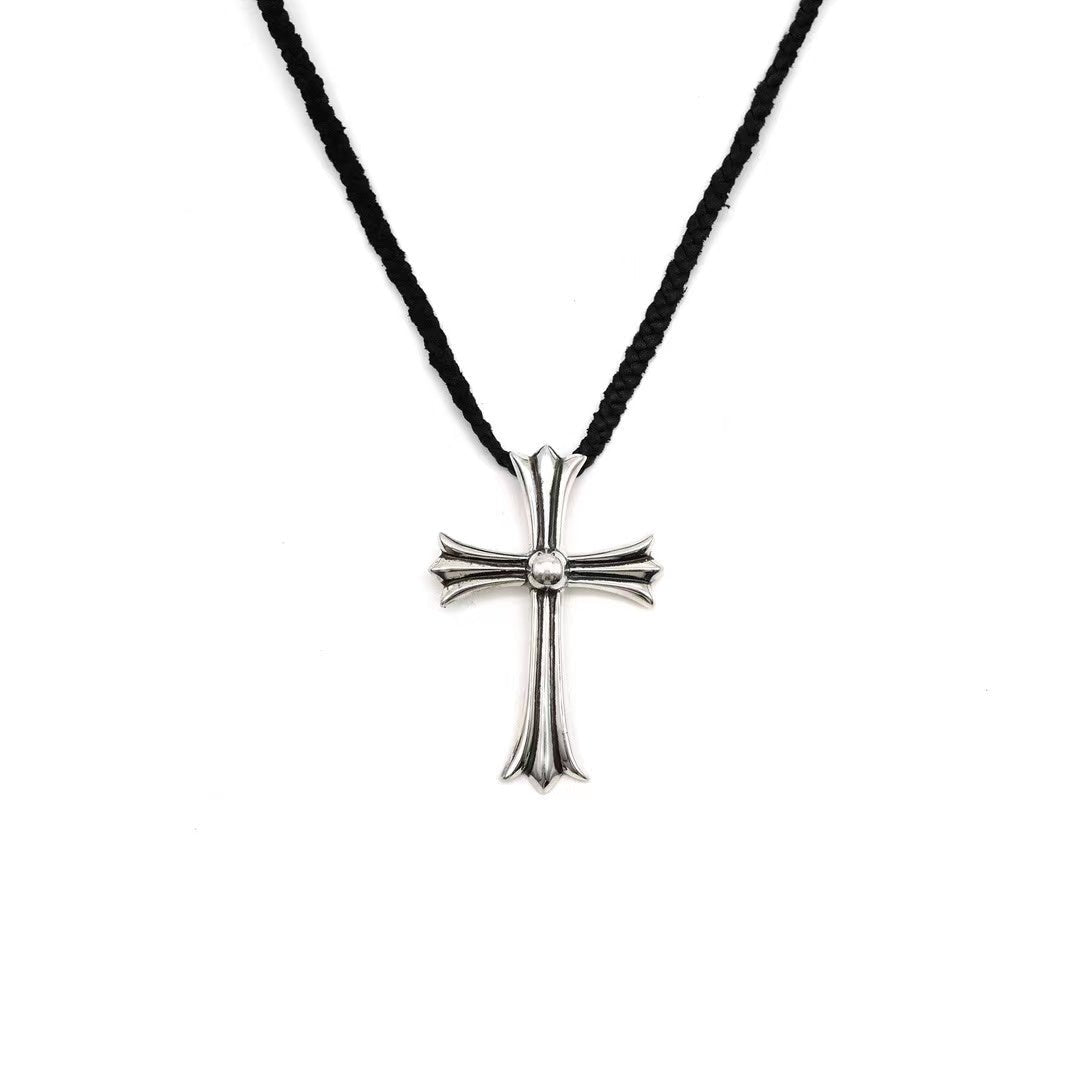 Chrome Hearts Leather Braids 925 Silver Cross Necklace