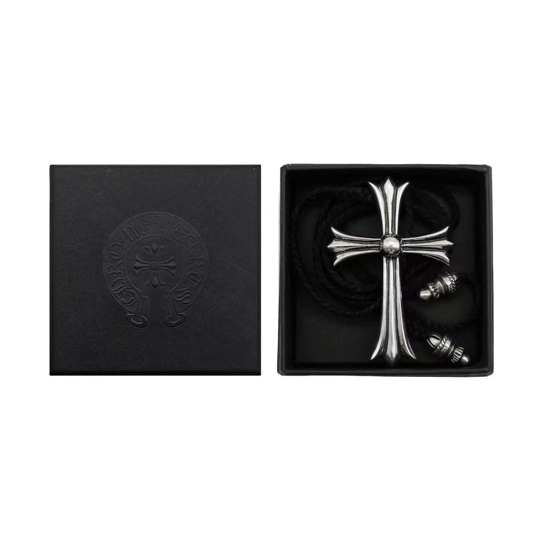 Chrome Hearts Leather Braids 925 Silver Cross Necklace