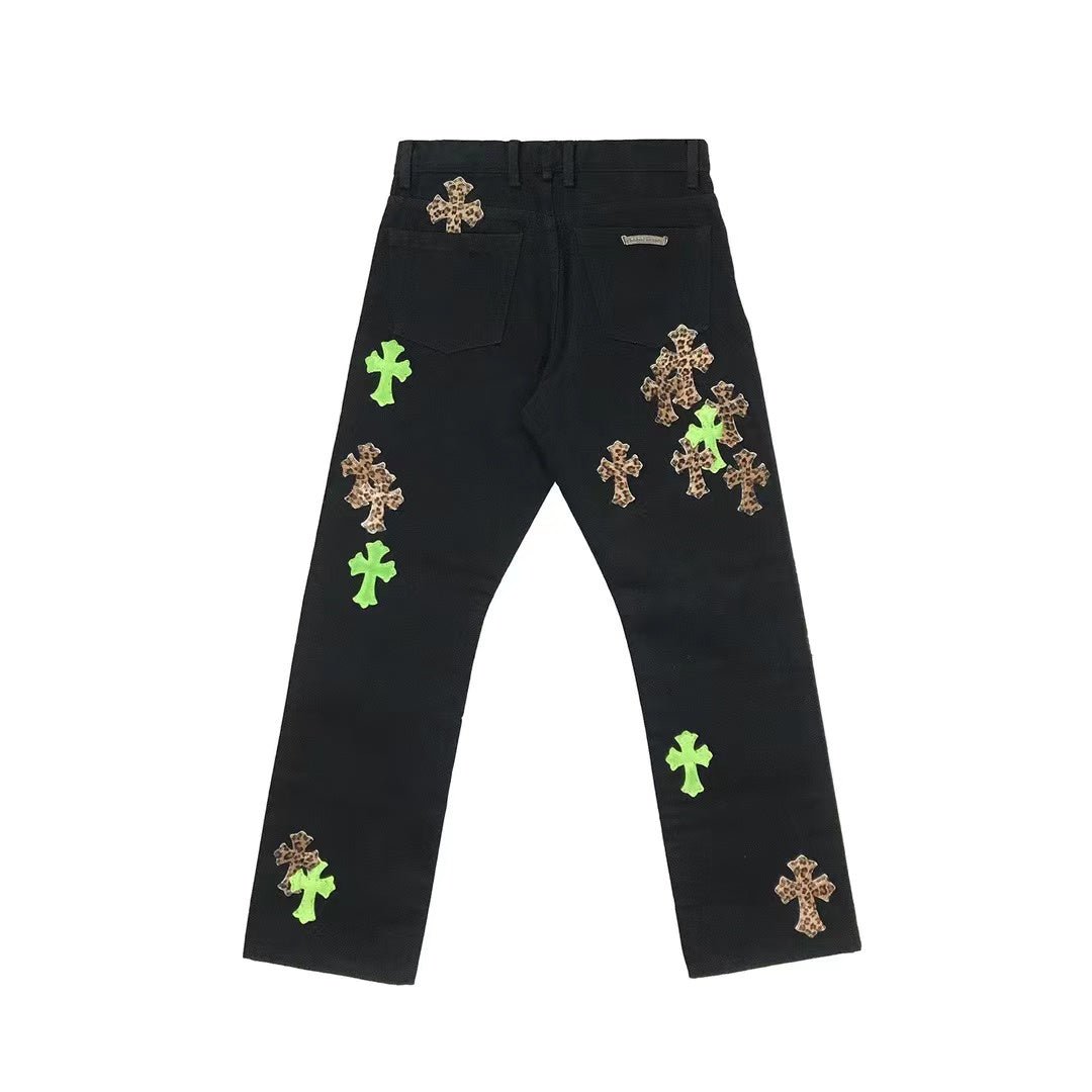 Chrome Hearts Leopard Green Leather Cross Patch Jeans - SHENGLI ROAD MARKET