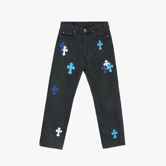 Chrome Hearts London Exclusive Jeans with Blue Leather Cross Patch - SHENGLI ROAD MARKET