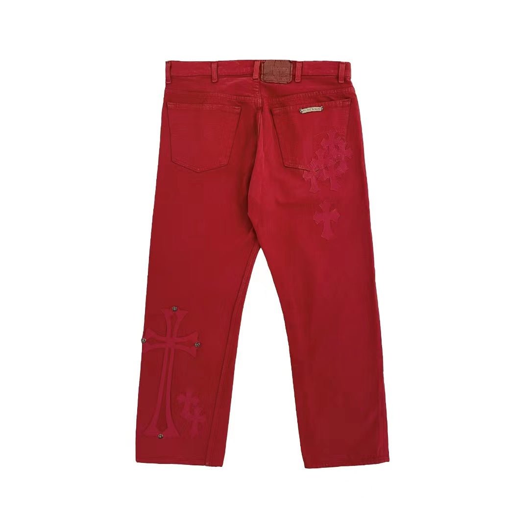 Chrome Hearts NY Limited Silver Button Red Cross Leather Patch Jeans - SHENGLI ROAD MARKET