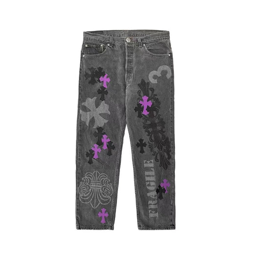 Chrome Hearts Online Exclusive Wash Gray Spray Purple Cross Jeans - SHENGLI ROAD MARKET