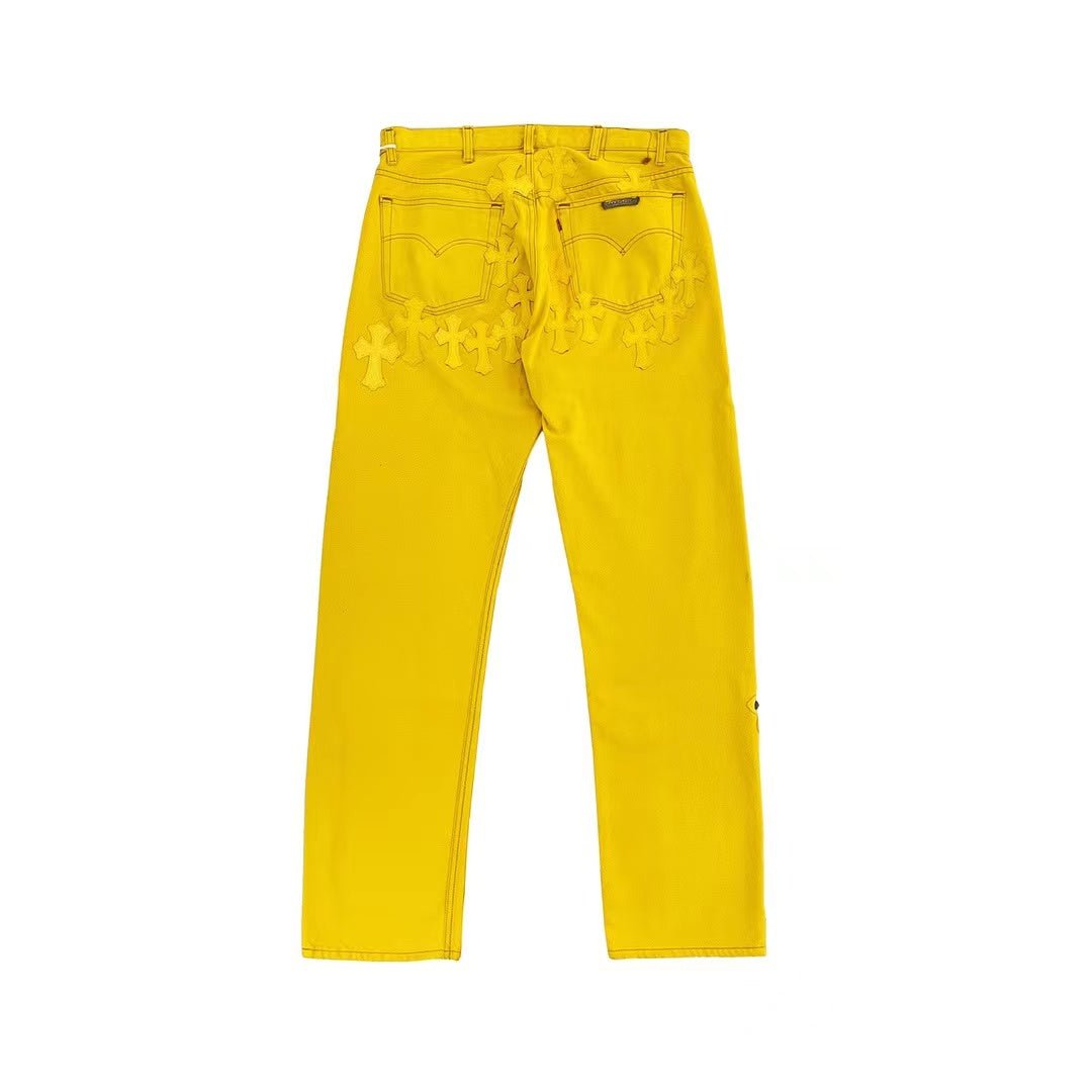 Chrome Hearts Paris Limited Yellow Cross Leather Patch Jeans - SHENGLI ROAD MARKET