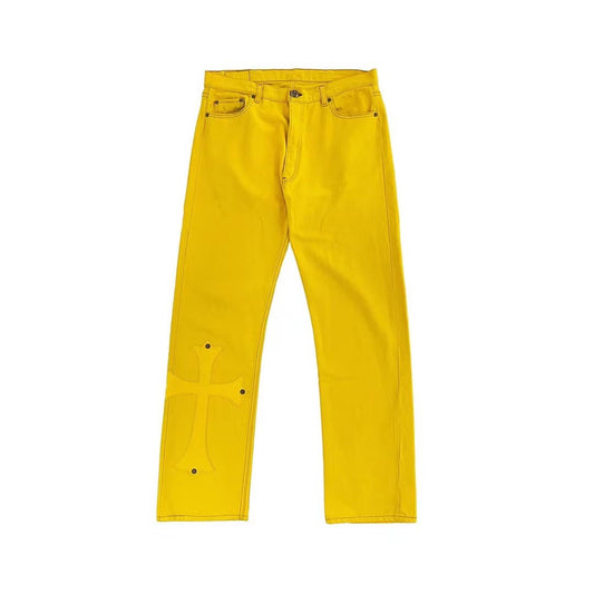 Chrome Hearts Paris Limited Yellow Cross Leather Patch Jeans - SHENGLI ROAD MARKET