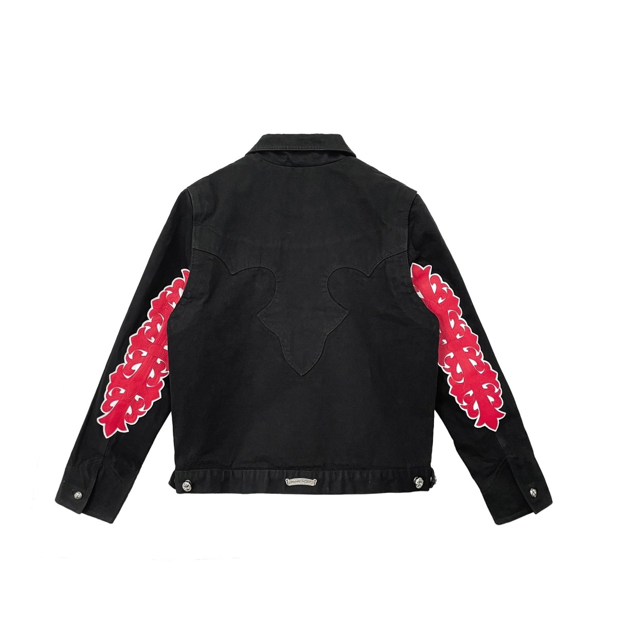 Chrome Hearts Red Floral Cross Leather Patch Black Denim Jacket