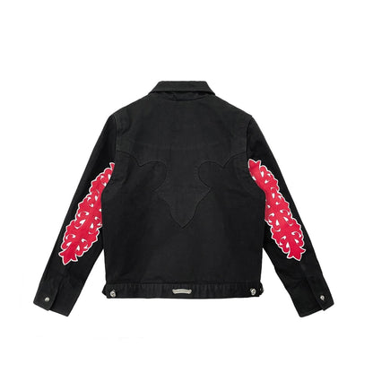 Chrome Hearts Red Floral Cross Leather Patch Black Denim Jacket - SHENGLI ROAD MARKET