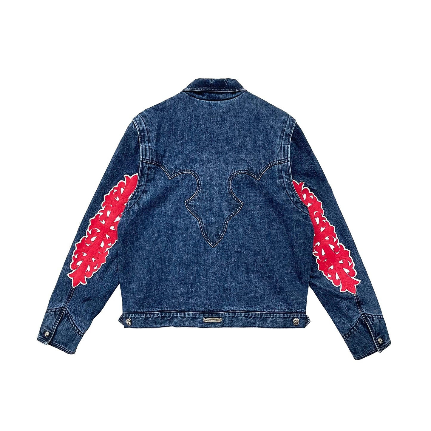 Chrome Hearts Red Floral Cross Leather Patch Denim Jacket - SHENGLI ROAD MARKET