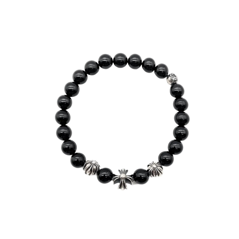 Chrome Hearts Silver Cross Black Obsidian Bracelet - SHENGLI ROAD MARKET