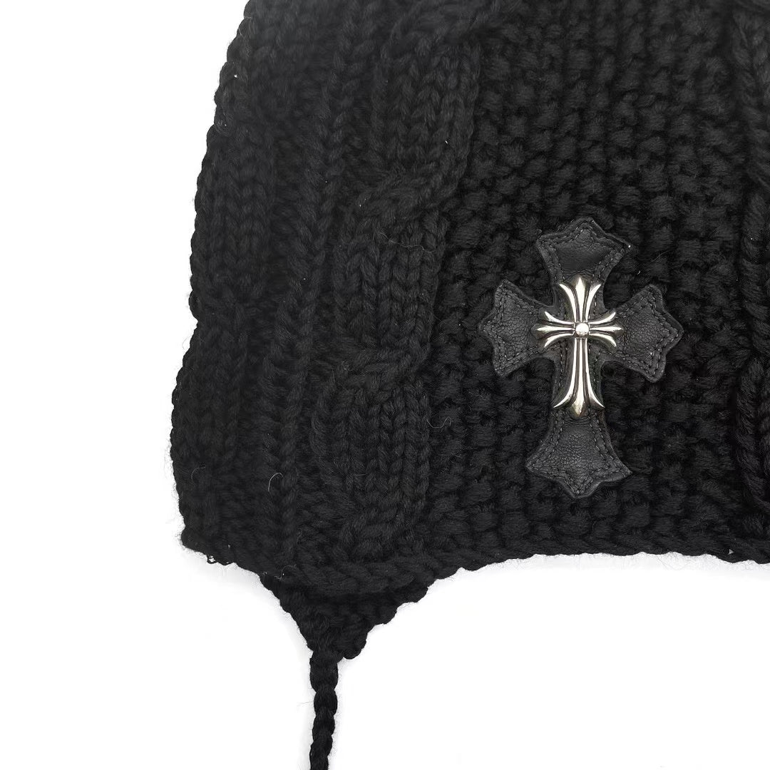 Chrome Hearts Silver Cross Leather Patch Cashmere Beanie - SHENGLI ROAD MARKET