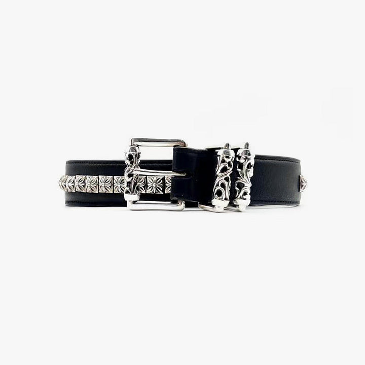 Chrome Hearts Silver Square Cross Black Leather Roller Belt - SHENGLI ROAD MARKET