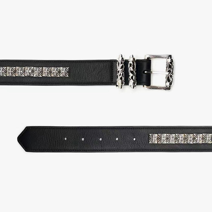 Chrome Hearts Silver Square Cross Black Leather Roller Belt - SHENGLI ROAD MARKET