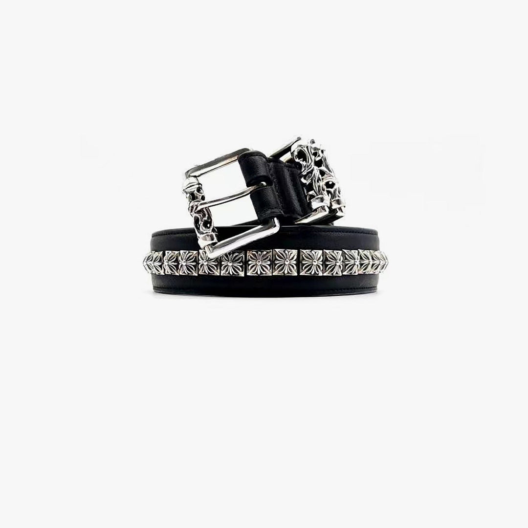 Chrome Hearts Silver Square Cross Black Leather Roller Belt - SHENGLI ROAD MARKET