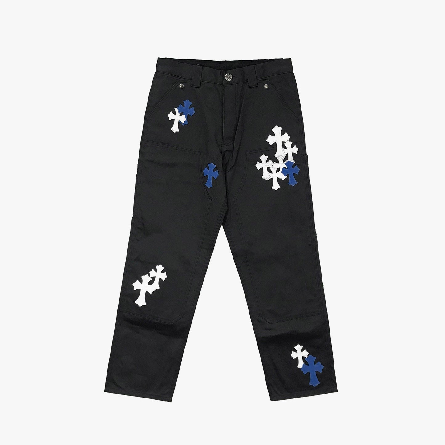 Chrome Hearts White & Blue Leather Cross Patches Jeans - SHENGLI ROAD MARKET