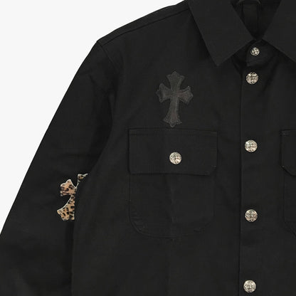 Chrome Hearts Work Dog Leopard Pattern Leather Cross Patch Shirt Jacket with Silver Buttons - SHENGLI ROAD MARKET