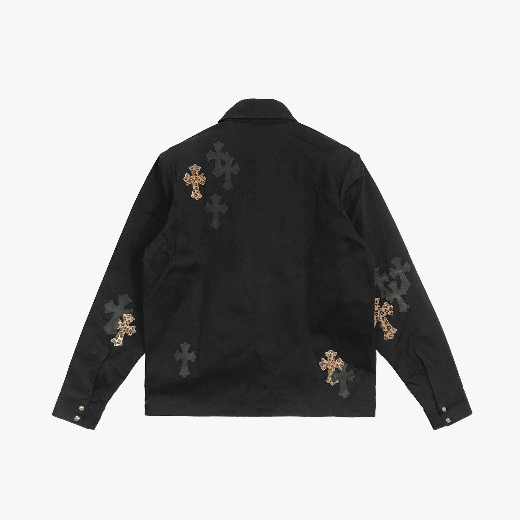 Chrome Hearts Work Dog Leopard Pattern Leather Cross Patch Shirt Jacket  with Silver Buttons