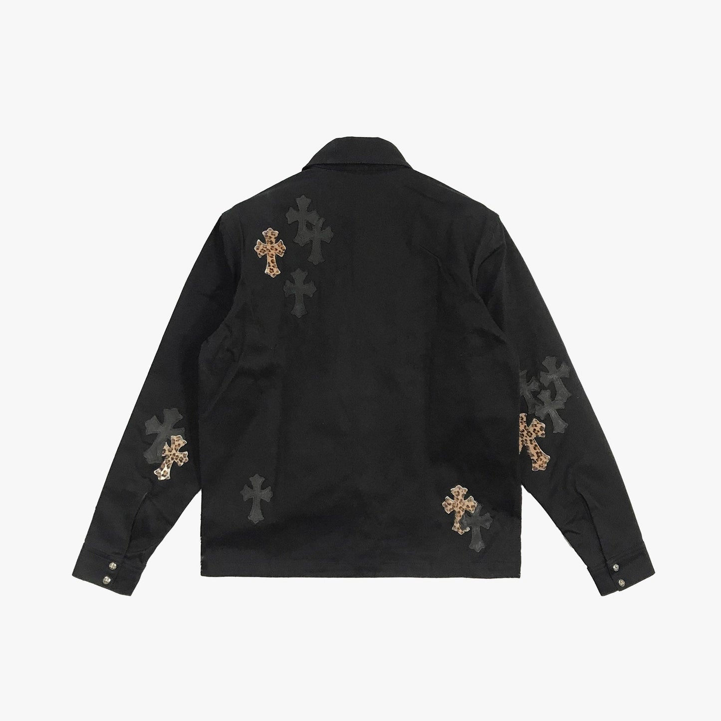 Chrome Hearts Work Dog Leopard Pattern Leather Cross Patch Shirt Jacket with Silver Buttons - SHENGLI ROAD MARKET