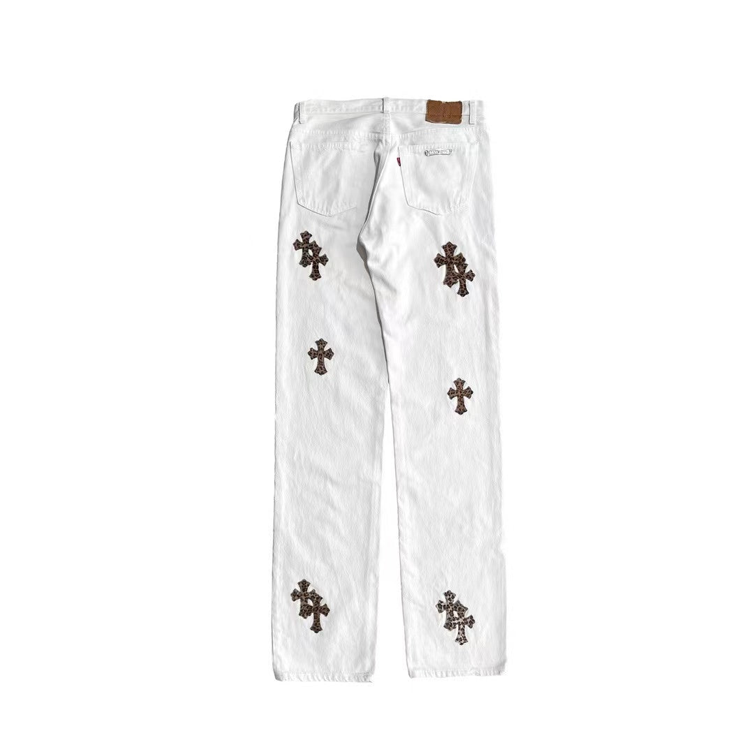 Chrome Hearts White & Blue Leather Cross Patches Jeans - SRM – SHENGLI ROAD  MARKET